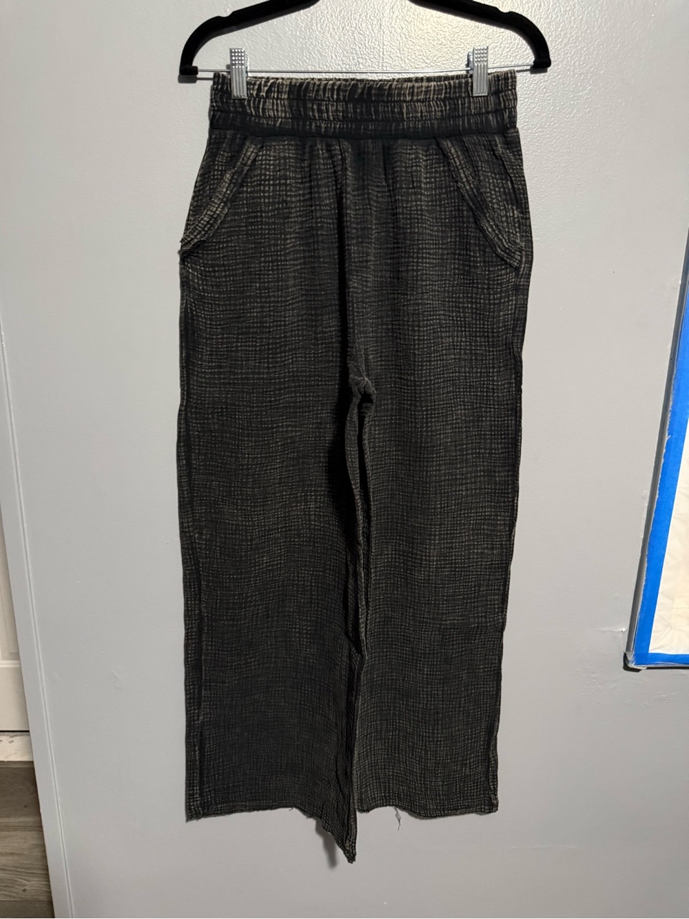 Zenana Acid Wash Ash Black Cotton Gauze Wide Leg Pants - Picture 2 of 3